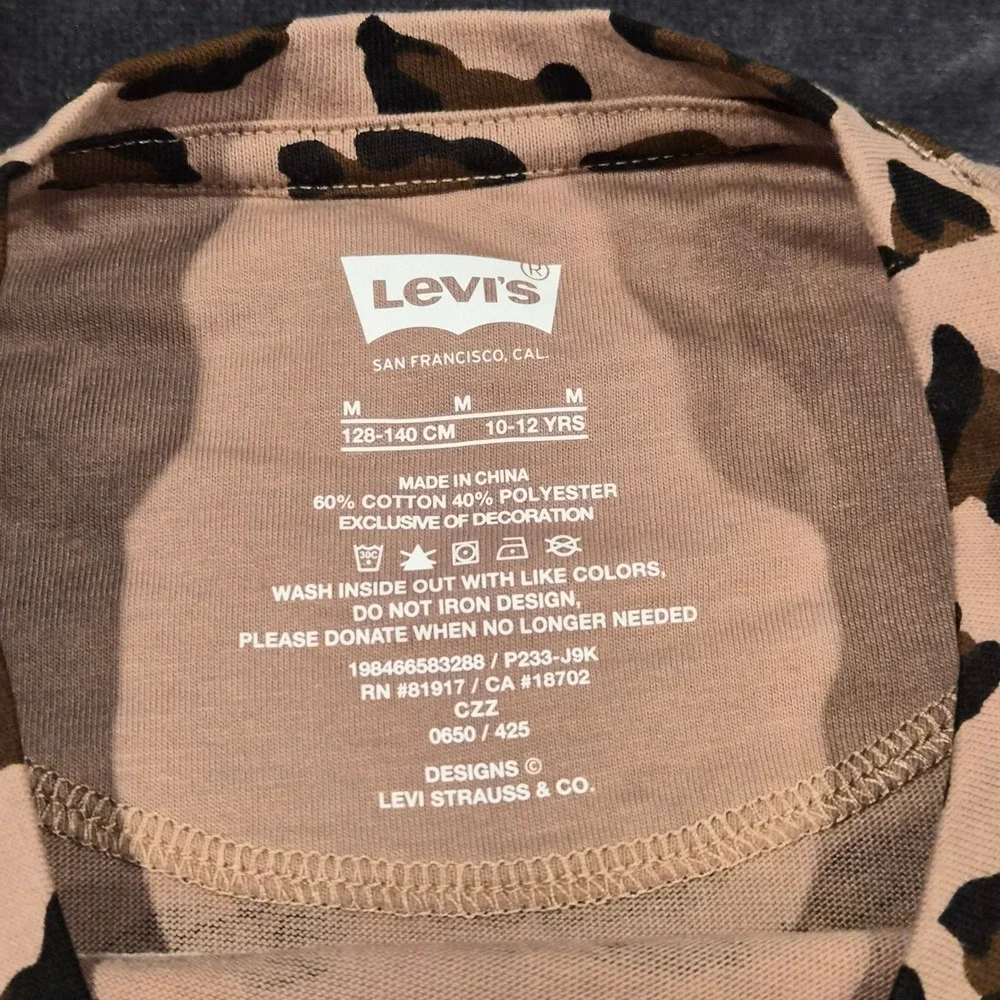 Levi's Girls Leopard Print Long Sleeve Graphic Tee Gold Logo Brown M 10-12